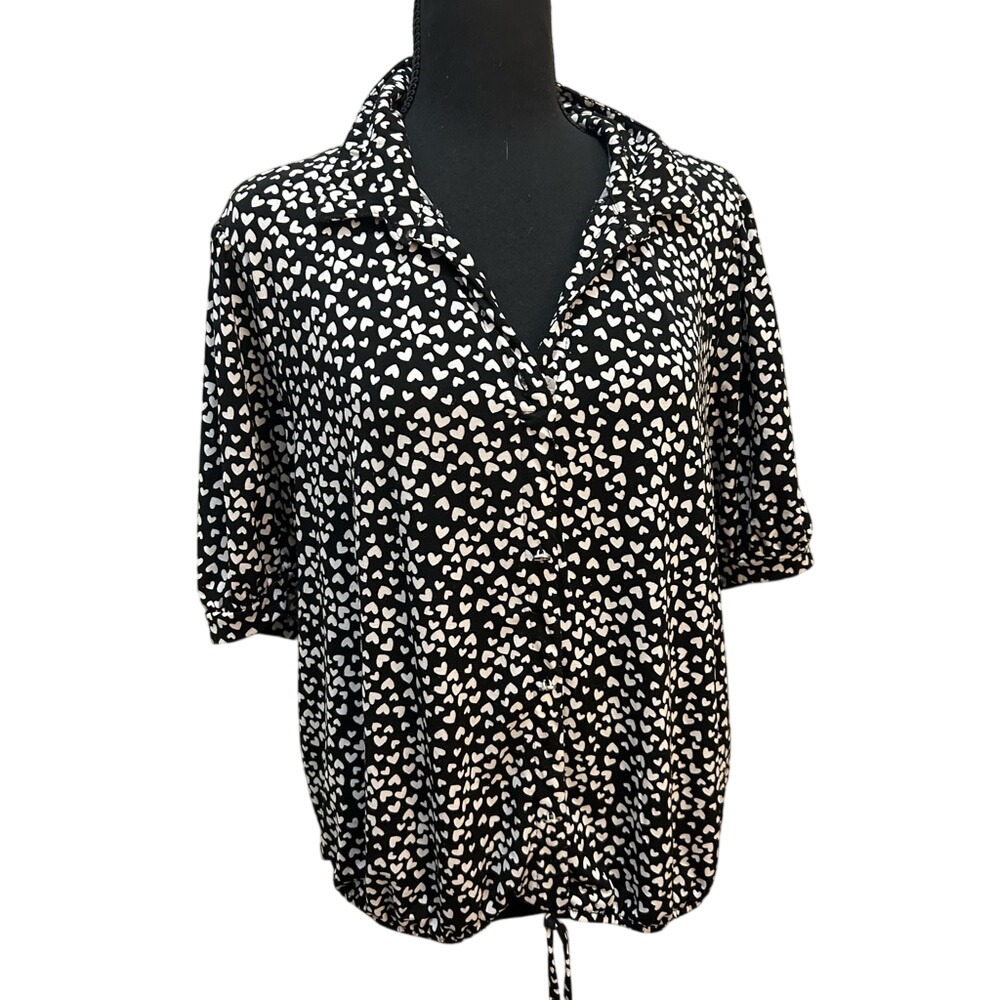 Adrienne Vittadini Black White Heart Print‎ Button Down Blouse Women's XL